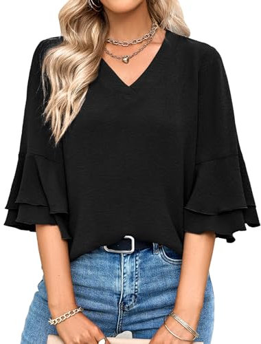 Tanmolo Damen Bluse Elegant V-Ausschnitt 3/4 Ärmel Lässige Blusen mit Rüschenärmel Tunika Tops (Schwarz, 3XL)