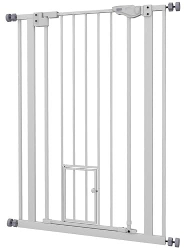 PawHut Barrière de sécurité Animaux de 104H cm avec Porte Fermeture Automatique système de Double Verrouillage sans percage de 74 à 80 cm Acier Blanc