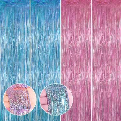 4 Stück Lametta Vorhang,1m x 2 m Glitzer Vorhang Blau und Rosa,Schimmer Folien Fransen Vorhang Geburtstag Foto Hintergrund,Glitzer Vorhang Deko für Disco Party,Weihnachten,Neujahr,Hochzeit,Fasching