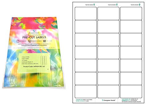 Evergreen Goods A4 vorgeschnittene Multi-Aufkleber-Papier-Etiketten, bedruckbar, mattweiß, 3 x 7, 21 pro Blatt: 2.100 Etiketten insgesamt, 100 Blatt, Tintenstrahl- und Laser-Etiketten, selbstklebende