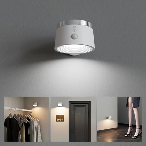 Speclux Motion Sensor Wall Light Indoor 2Pcs, 3500mAh Rechargeable Battery Operated LED Wall Light, Wall Lamp Wireless with 360 ° Rotation, 3 Color Temperatures for Bedroom, Study, Corridor, Picture