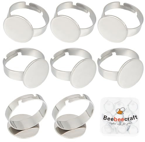 Beebeecraft 1 Box 20 Stück 14.5mm Ringrohlinge aus Edelstahl Flache Ringrohlinge verstellbare Cabochon Ringfassungen runde Finger Ringtrays für die DIY Schmuckherstellung