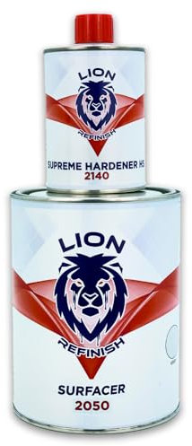 Lion Refinish Fondo Acrilico Riempitivo Carrozzeria 1L Surfacer HS/U 2050 Catalisi 5:1 Catalizzatore 200ML Grigio Scuro
