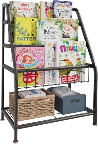 Kinder Bücherregal, Kinderregal mit 3 Ablagen, Spielzeugregal, Aufbewahrungsregal für Kinder, Kinderzimmerregal, Kinderregal für Buchaufbewahrung, Standregal für Kinderzimmer Spielzimmer, Schwarz