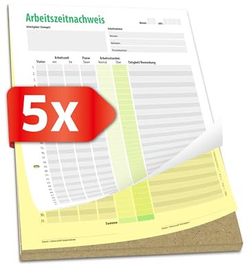 PRIMUS PRINT Arbeitszeitnachweis Schreibblock A4 – mit Selbstdurchschreibenden Papier – Durchschreibschutz – Arbeitszeiterfassung für 31 Tage – Stundennachweis für Minijob, Vollzeit [5 x Block]