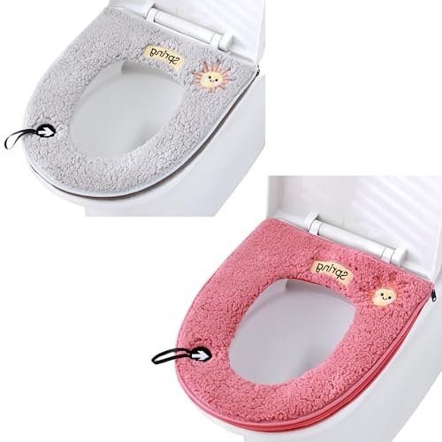 Universal-WC-Sitzkissen mit Aufhängeschlaufe, weich und warm, waschbar, 2 Stück (grau + rosa)