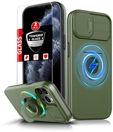 FRLMOOES per iPhone 11 Pro Custodia compatibile con MagSafe Magnetica Ricarica Wireless,Con 2 vetro temperato,Protezione fotocamera integrata+360°Supporto per anelli,Assorbe gli urti Antiscivolo Verde