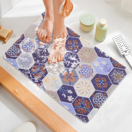 Shower Mat Non Slip 40x60cm, Soft Comfort Bath Mat with Drain Holes, PVC Loofah Massage Safety Non Slip Bath Mat for Shower in Wet Areas, Quick-dryin (Navy blue)