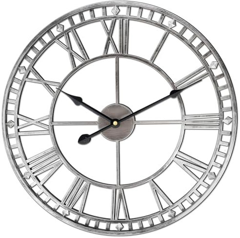 FB FunkyBuys Large Wall Clocks for Living Room Metal Wall Clock Silent Non-Ticking Roman Numerals Wall Clock for Indoor & Outdoor Vintage Clock for Bedroom (Silver-double Edge, 60 CM (24))