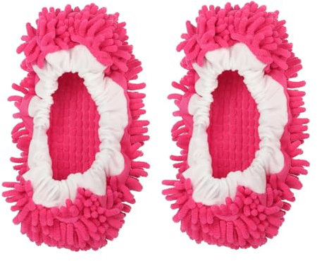 QUARKZMAN Zapatillas de Felpa Lavables de Microfibra para Limpiar el Suelo, Cubiertas de Zapatos de Mopa Chenille Duster Foot Socks Tools para Limpiar la Casa, Fucsia 2 Pack