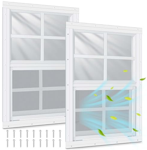 2 Schuppenfenster, 30,5 x 45,7 cm, Schiebefenster mit gehärtetem Glas und Fiberglas-Bildschirm, Haushaltsstürmfenster, kleines Fenster mit Schrauben für Schuppen, Hühnerstall, Spielhaus, Garage und