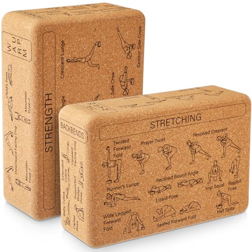 Halloscume Yoga-Blöcke aus Kork für Unterstützung und Balance, Beige, 2 | Hochdichter Kork, rutschfeste Oberfläche für Stabilität, gedruckte Posenführung für richtige Form, unterstützt Balance und
