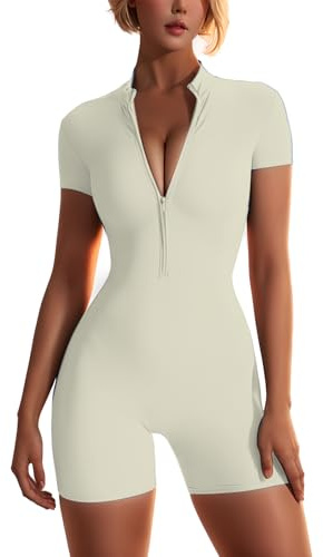 WINHUNT Damen-Yoga-Jumpsuits, Workout, gerippt, kurze Ärmel, Reißverschluss vorne, Sport-Jumpsuits