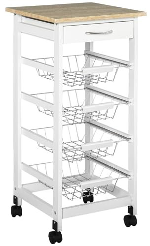HOMCOM Carrello da cucina, 4 cestini in metallo + cassetto, carrello di servizio, per piccolo spazio, bagno, soggiorno, cucina, ufficio, telaio in legno di pino, bianco