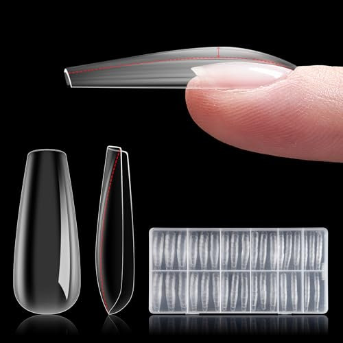 Pre-Building Instant Apex Nail Tips: 240PCS Acrylic Gel Full Cover Long Coffin Fake Nails - Pre-Applied Strong Thick Gel Nail Kit - Upgraded with 12 Sizes for Flat Nails Extension Nails Set