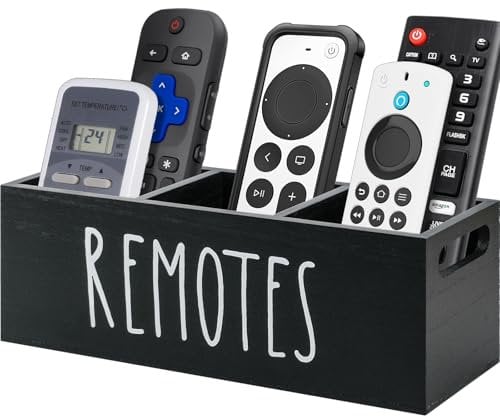 VACONICO Remote Control Holder, Wooden TV Remote Holder for Table, Remote Caddy with 3 Compartments, Remote Box for Nightstand, Bedside (Black)