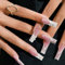 24PCS Long Square French Press On Nails for Women, Pink Coffin Fake Nails with White Tips, Bow and Rhinestone Pearl Design, Full Cover Acrylic Stick On Nails, Stylish and Long-Lasting