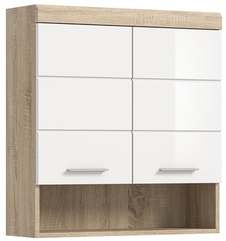 furnling Hängeschrank Scott, weiße Hochglanzfront, 1 offenes Fach, 2 Türen, 2 Fächer, Badschrank mit verstellbarem Einlegeboden, Breite 74 cm, Korpus Sonoma Eiche