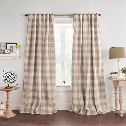 Elrene Home Fashions Farmhouse Living Grainger Buffalo-Check Room Darkening Window Curtain, Living Room and Bedroom Drape with Rod Pocket Tabs, 52 x 108, Linen, 1 Panel