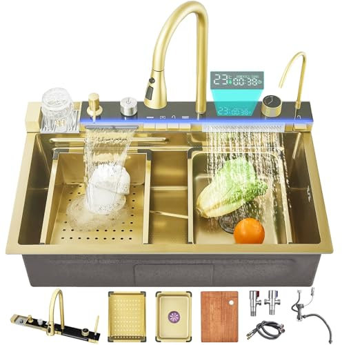 Ribanedy 90 cm Gold Smart Digital Display Waterfall Sink, 304 Stainless Steel Modern Kitchen Sink with 5 Water Outlet Modes, Waterfall Pull-Out Faucet, Cup Washers and Accessory Set