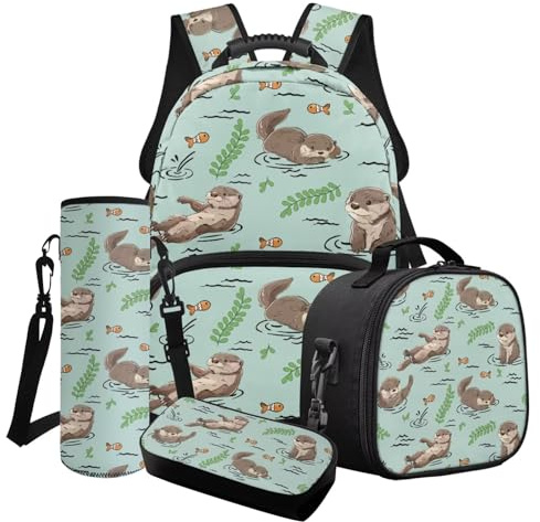 Wanyint Schulranzen-Set für Mädchen, 4-teilig, inklusive Kinder-Büchertasche, Kühltasche, Lunch-Tasche, Federmäppchen, Wasserflaschenhalter, Otter Fish Blue, One size