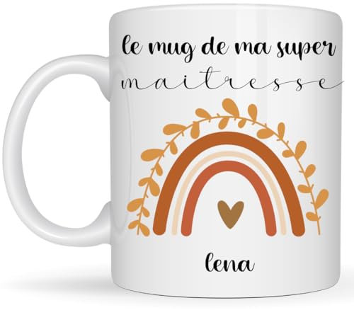 henrietteandco - Mug Maîtresse Personnalisé Cadeau Fin d’Année Original | Tasse Prénom Enseignante École | Idée Cadeau Institutrice 330ml Céramique Blanc (Arc-en-Ciel)