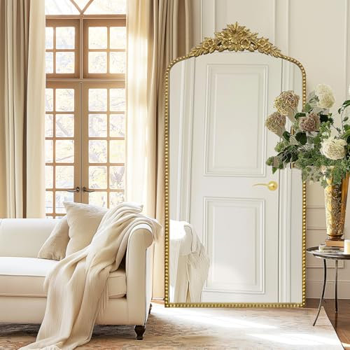 G-LEAF 76cm x 152cm Barock Bogen Ganzkörperspiegel, Vintage Gewölbter Standspiegel, Groß Antiker Wandspiegel zum Stehen, Anlehnen oder Hängen, Bodenspiegel für Schlafzimmer, Wohnzimmer,Gold