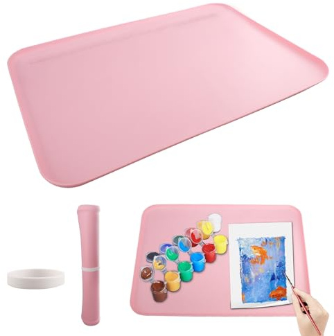 YunBey Kids Silicone Painting Mat, Non-Slip & Washable 60x40cm Pink | Premium food-grade silicone mat with metric scale and storage strap, ideal for drawing, DIY crafts, painting and more