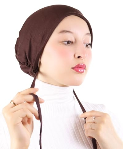 Hijab-Mütze aus Baumwolljersey und Satin-Innenseite, um das Haar von muslimischen Frauen zu halten, schokoladenbraun, One size