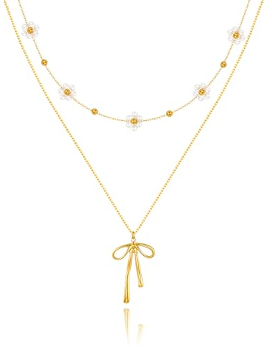 TempBeau Halskette Damen, 18K Vergoldet Halsketten mit Perlen Blumen für Frauen aus Edelstahl, Layering Kette Damen mit Schleifeanhänger 45+5 CM, Kette Gold für Geburtstag Hochzeit Jahrestag Geschenk