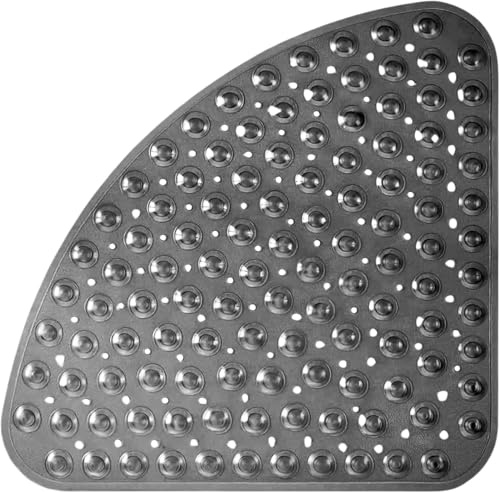 Corner Shower Mat Non Slip Anti Mould, 54x54cm Curved Shower Mats for Inside Shower, Anti-Slip Bath Mat with Suction Cup, Drain Holes, Machine Washable, Ideal for the Elderly and Children (Black)