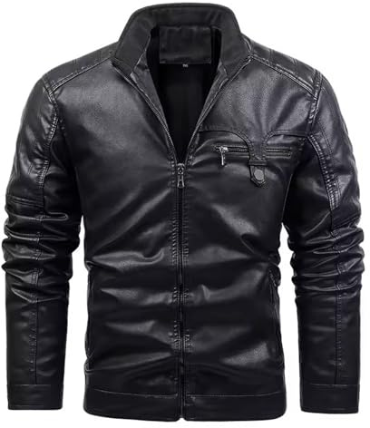 Herren Lederjacke Herbst/Winter Stehkragen Verdickte Warme Lederjacken Männer Outdoor Motorradbekleidung,Schwarz,XXL