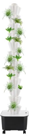 Hydroponik-Anbauturm,12 Schichten60 Pflanzen Hydroponic Tower, Vertikales Hydrokulturturm-Gartensystem mit Wasserpumpe und 5.5Gal Wassertank für Erdbeeren, Salat (Schwarzer Wassertank,weiße Säulen)