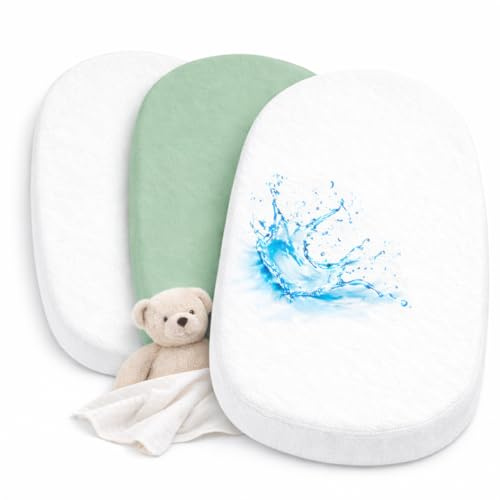 2X Spannbettlaken beistellbett 100% Baumwolle + 1X Matratzenschoner 100% wasserdichtem Material - Set 3X - Kompatibel, Kinderkraft (Weiß/Eukalyptus, 43 x 83 cm)
