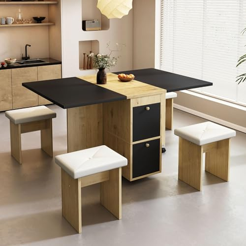 ModernLuxe Elegant Dining Table and Chairs Set 4, Multifunctional Folding Table with Comfortable Cushioned Stools, Space-Saving and Stylish Design, White and Oak Finish, Black Tabletop, 120×80×75 cm
