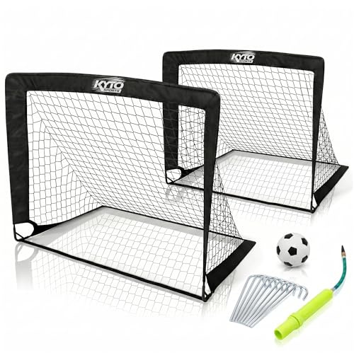 KYTO Sports 2er Set Fußballtore für Garten Kinder aus Fiberglas (90x120 cm) | Tragbare Tore inklusive Torwand, Mini Fußball & Pumpe, Goal für Garten, Park & Training - Fussballtor Garten