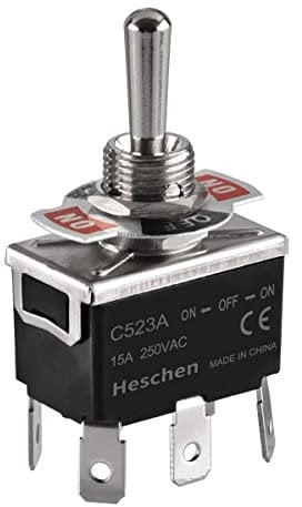 Heschen Interruttore a levetta in metallo, C523A, DPDT, mantenuto, ON/OFF/ON 3 posizioni, 15A 250VAC, 6 tab terminale, CE