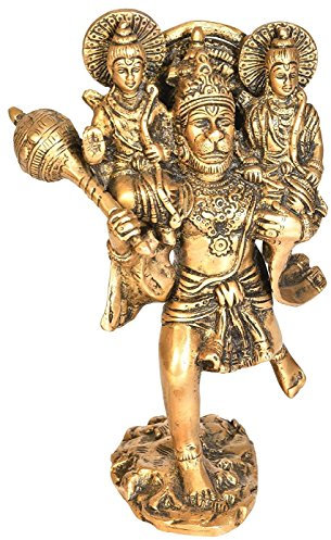 Artvarko God Hanuman Carrying Lord Rama and Laxman Brass Multicolor Statue Bajrangbali Bhagwan Home Decor Office Idol Murti Pooja Puja Tempel (Mehrfarbig, 8)