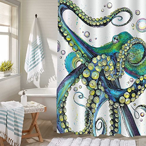 MitoVilla Trippy Octopus Duschvorhang, Vintage-Meerestiere, Monster, Kraken Tentakel, Kunstdruck, Badezimmer-Zubehör für Herren und Kinder, Ozeanthema, Raumdekoration, grün, gelb, 182,9 cm B x L