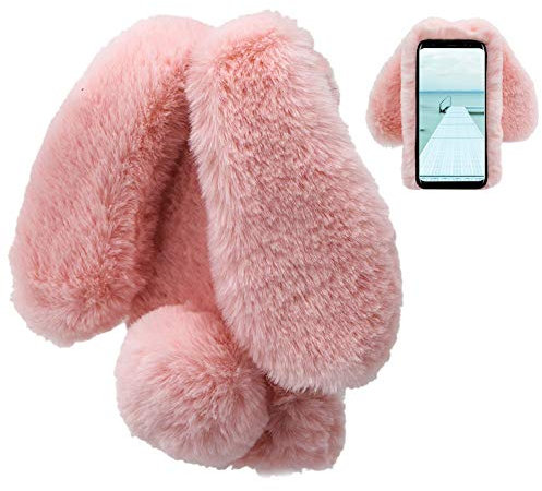 LCHDA kompatibel mit Samsung Galaxy S9 Plüsch Hülle Flauschige Hasen Fell Hülle Handyhülle Für Mädchen Kaninchen Pelz Niedlich Hasenohren Handytasche Schützend Stoßfest Silikonhülle-Rosa
