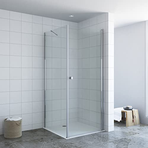 Duschkabine Eckeinstieg Eckdusche 90x75 cm mit Drehtür Duschtür und Seitenwand aus 6mm ESG Nano Glas, Duschwand Glas Duschabtrennung Schwingtür Pendeltür 90cm, Seitenwand 75cm, Höhe 195cm