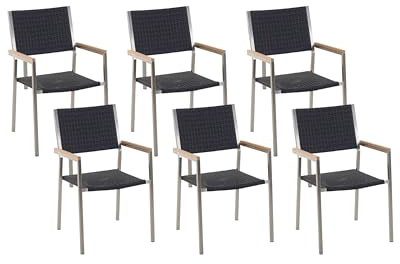 Beliani Praktisches Gartenstuhl Set Rattan Edelstahl 6er Set schwarz/Silber Grosseto