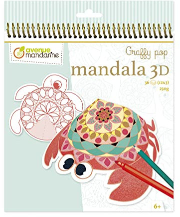 MY MANDARINE GY094C - Malblock Graffy Pop 3D, 36 vorgestanzte Mandalas (12 Designs x3), 160g Zeichenpapier, ab 6 Jahren, Meerestiere, 1 Stück