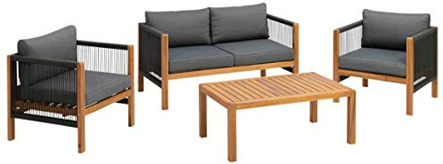 greemotion Ensemble Salon de Jardin Abaco, Canapé, Set de 2 Fauteils et Table en Bois d’Acacia FSC® 100%, Coussins en Polyester Inclus, Gris/Bois/Noir