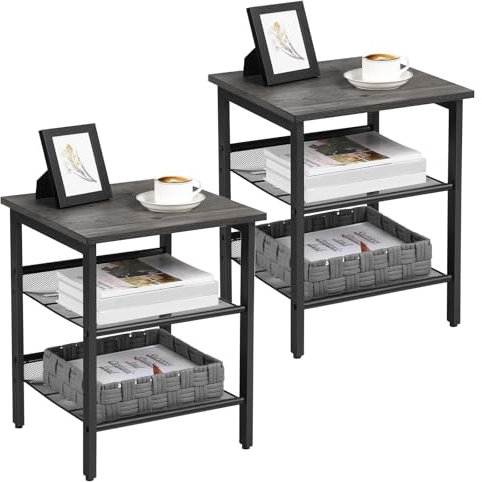 VASAGLE Nachttisch, 2er Set, Beistelltische, Beistelltische mit verstellbaren Netzablagen, für Wohnzimmer, Schlafzimmer, Industrie, stabiles Stahlgestell, einfache Montage, anthrazit und schwarz