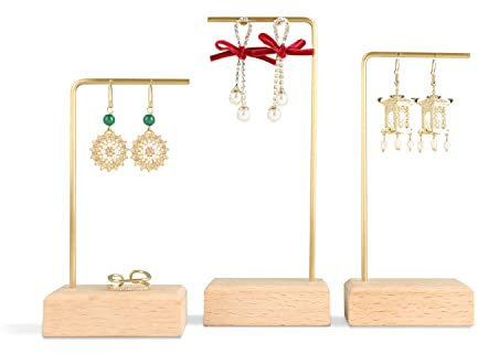 GemeShou 3 supports pour oreilles suspendues en bois de hêtre, expositions d'oreilles en cercle pour la vente de bijoux, mini-crochets pour oreilles en laiton【Hêtre】