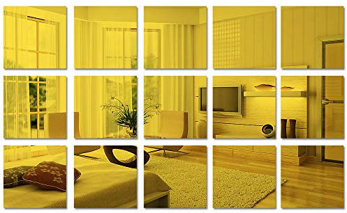 15 Stück 15cm quadratische Acryl-Spiegel-Aufkleber-Bogen, selbstklebende goldene Spiegel-Wanddekoration, abnehmbare Wandsticker für Badezimmer, Wohnzimmer, Schlafzimmer, Aufkleber (Gold)
