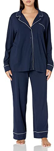 Amazon Essentials Camicia a Maniche Lunghe in Modal di Cotone e Pigiama a Tutta Lunghezza Donna, Blu Marino, L