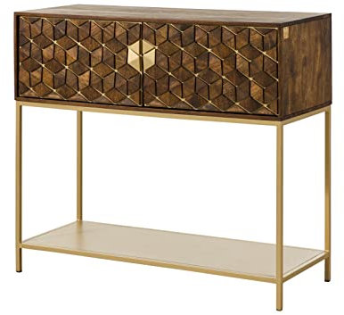 DIAMOND Hausbar aus Massivholz, Bar massives Holz aus Mango braun geölt auf Eisengestell, 2 Türen, 2 Fächer, 1 Ablage, Glashalterungen bis 20 Gläser, Push-To-Open, Ornamente und Mosaik gold