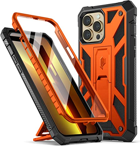 Poetic Compatible with iPhone 13 Pro Max Case, Spartan Phone Case for iPhone 13 Pro Max 6.7 inch, Full Body Rugged Premium Leather Texture Shockproof Protective Cover with Kickstand, Metallic Orange